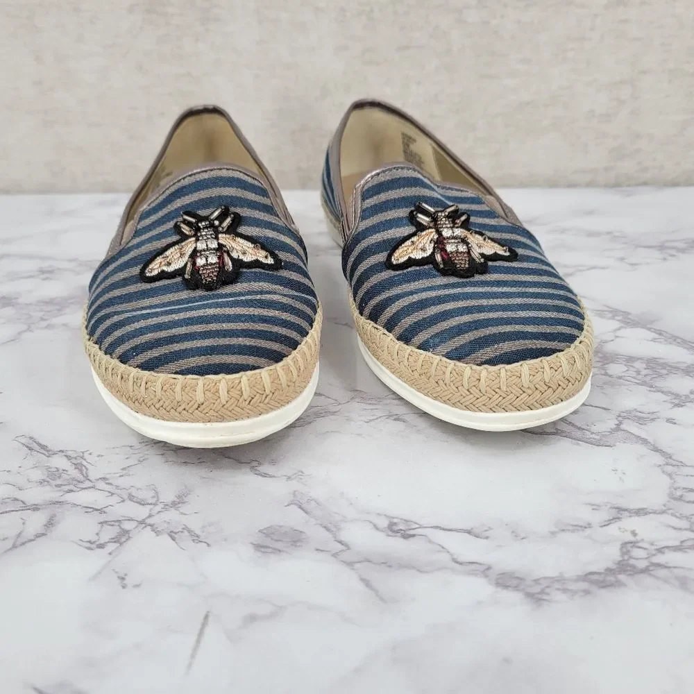 Anne Klein Stripe Blue Canvas Espadrilles with Bee Beaded Embroidery Flats Shoes